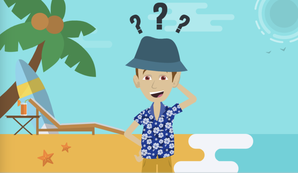 Cartoon man at a beach with question marks above his head, a surfboard, palm tree, lounge chair and starfish.