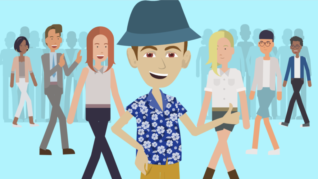 Cartoon illustration of a man in a blue floral shirt and hat surrounded by walking figures, all on a light blue background.