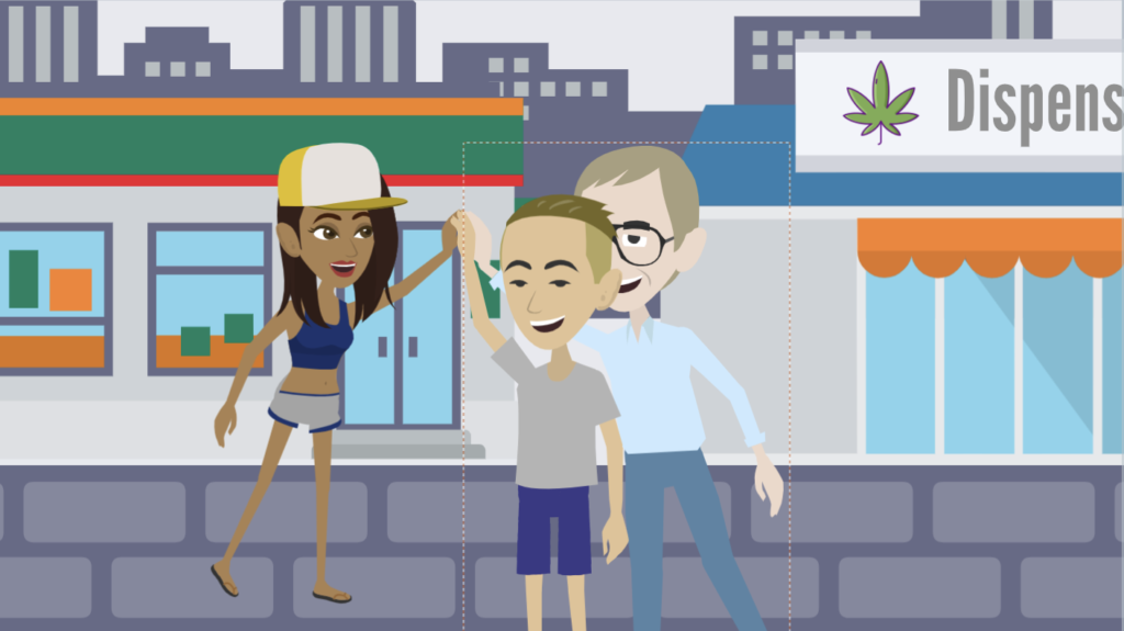 A woman, child, and older man animated characters on a street, with a storefront sign displaying 