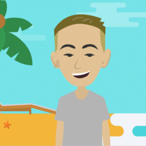 Cartoon illustration of a man smiling on a beach with palm trees, a chaise lounge, and a starfish.