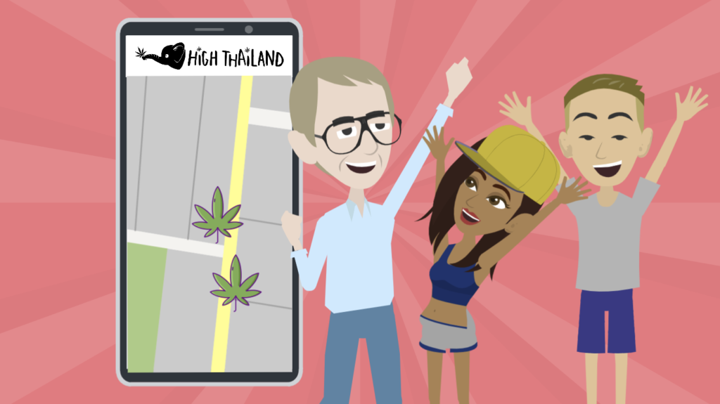 Three people celebrating with arms raised, standing in front of a tablet displaying a map with marijuana leaf icons and 