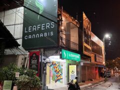 Exterior of Leafers Cannabis and Lounge in Chiang Mai, Thailand, with storefront and signage.