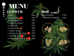 ほじゅう hojū Khon Kaen menu: cannabis flower strains including G41, Purple Sunset, Sour Diesel, and Super Lemon Haze.