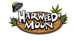 Harweed Moon logo with a UFO, cannabis leaves, and buds on a wooden oval.