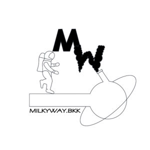 Astronaut silhouette walking towards planet-like shape emitting smoke, with large "M" and "W" letters above, and "MILKYWAY.BKK" text below.