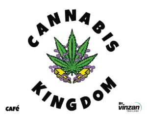 Cannabis Kingdom cafe logo with a cannabis leaf, lightning bolts, and text "Cannabis", "Kingdom" and "Cafe". Text "by Vinzan Thailand" in the corner.