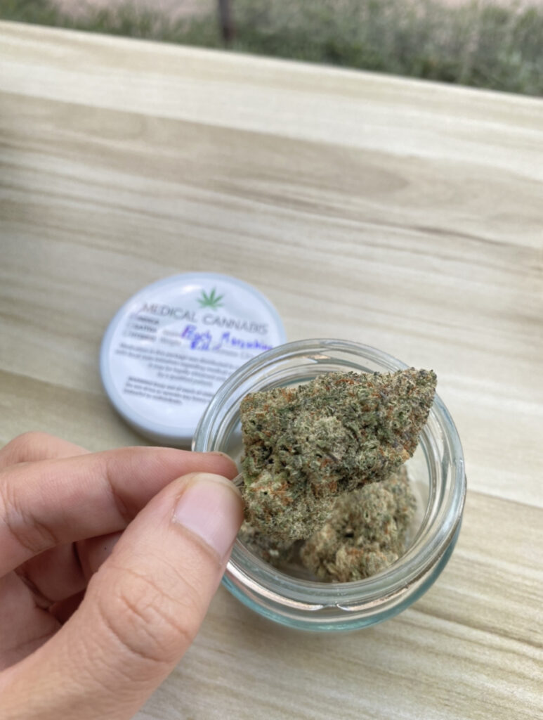 Hand holding a marijuana bud over a glass jar, with a Medical Cannabis label visible in the background.