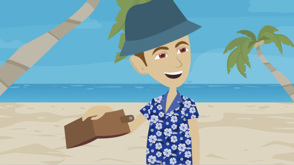 Cartoon man wearing a blue floral shirt and hat holding a brown item on a beach with palm trees and ocean in the background.