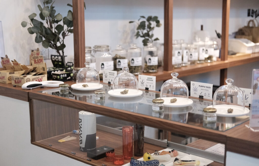 Cannabis dispensary display with sample buds under glass domes, alongside jars and accessories, including rolling papers.