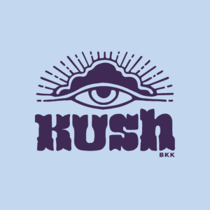 Purple eye with sunburst design above the word "KUSH" and "BKK" below, on a light blue background.