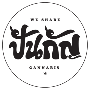 Black circular logo with Thai text, "We Share," "Cannabis," and a cannabis leaf.
