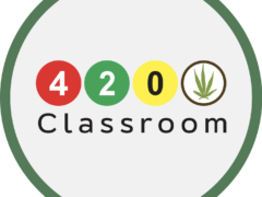 420 Classroom logo with cannabis leaf, cafe in Wang Thonglang, Bangkok selling cannabis-infused food & drinks.