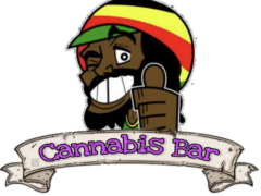 Cannabis Bar logo, Koh Lanta, Thailand, with a cartoon character with thumbs up. Weed shop.