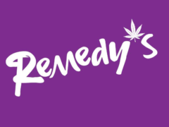Remedy's logo with cannabis leaf on a purple background.