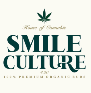 Smile Culture logo with cannabis leaf, "House of Cannabis," and "100% Premium Organic Buds."