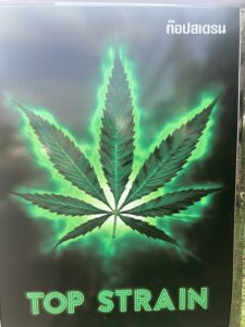 Green cannabis leaf with a glowing outline, text "TOP STRAIN" in a neon green font.