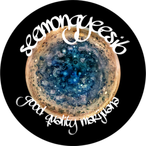 Planet-like image with swirling patterns of blue, brown, and white, surrounded by the words "seemongyeesio" and "good quality marijuana" in white script.