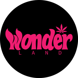 Pink "Wonderland" text with a cannabis leaf on a black background.
