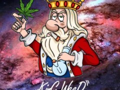 King Weed Cafe logo: cartoon king with cannabis leaf and bong, Hua Mak, Bangkok weed dispensary.