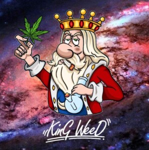 King Weed Cafe logo: cartoon king with cannabis leaf and bong, Hua Mak, Bangkok weed dispensary.