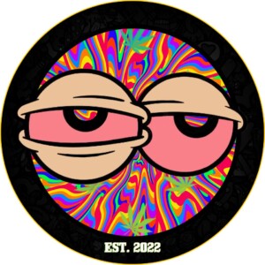 Cartoon eyes with bloodshot red eyes and a swirling, psychedelic background with marijuana leaves, a black border with doodles, and "EST. 2022" text.