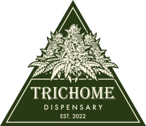 Trichome Dispensary logo with cannabis plant art in a green and white triangle, text includes "TRICHOME", "DISPENSARY", and "EST. 2022".