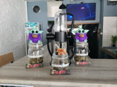 Inside Dank Buds Pattaya, cannabis flower jars, RAW rolling papers, and a Baby Yoda decoration, Pattaya, Thailand.