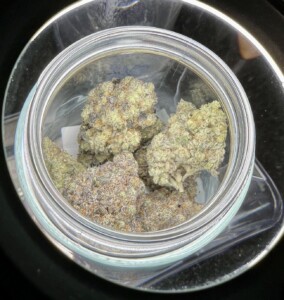 Four cannabis buds in a clear glass jar, viewed from above.
