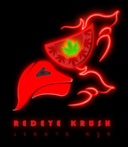 Red Eye Krush dispensary logo, red neon design with cannabis leaf, Nonthaburi, Thailand.