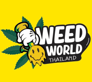 Weed World Thailand logo with a stylized hand holding a melting smiley face, set against a marijuana leaf.