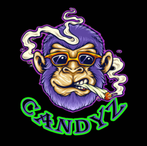Cartoon monkey wearing sunglasses, smoking a lit joint, with "CANDY" text below.