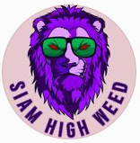 Purple lion head with green sunglasses and text "SIAM HIGH WEED" on a circular background.