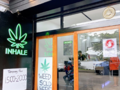 Trichome Dispensary, Ramkhamhaeng, Bangkok. Weed sold here. Inhale, cannabis leaf neon sign. Weed shop in Thailand.