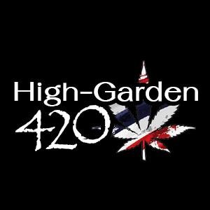 High-Garden 420 logo with white text on black background. A marijuana leaf in red, white, and blue.