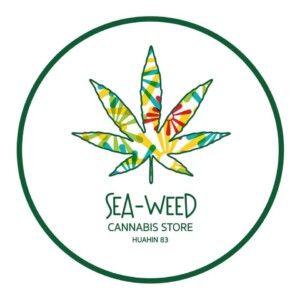 Logo for Sea-Weed Cannabis Store in Hua Hin 83 featuring a colorful cannabis leaf within a white circle and green border.