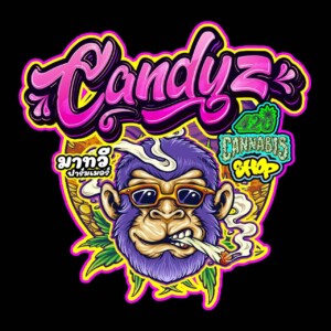 Cartoon image of a purple gorilla smoking a joint, wearing sunglasses, with "Candyz" logo and "420 Cannabis Shop" text.