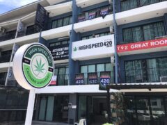 Exterior of HIGHSPEED420 Jomtien cannabis dispensary, Pattaya, with sign, and 