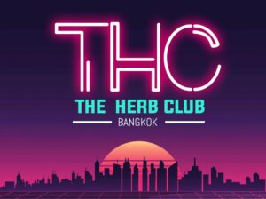 THC neon sign above "The Herb Club Bangkok" with a retro sunset and city skyline.