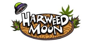 Logo with "Harweed Moon" text, cannabis leaves, and a flying saucer.