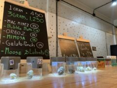 Harweed moon Bud Dispensary, Huai Khwang, Bangkok. Cannabis flower strains (Mac Mintz, Bubble Bath, etc) on display with prices.