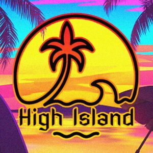 High Island logo with a palm tree silhouette within a yellow sun over a wavy outline, against a sunset background.