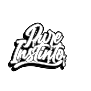 Pure Instincto" stylized logo in white with black and gray drop shadow against a black background.