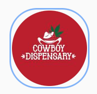 Cowboy Dispensary logo: Red circle with a cowboy hat and cannabis leaf graphic, the dispensary name below in white.