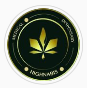 Round emblem for Highnabis Medical Dispensary with cannabis leaf in the center, gold on a dark green background.