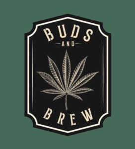 Black shield logo with white outline. The logo has the words "Buds and Brew" around a cannabis leaf.