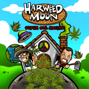 Cartoon graphic of two men in a house surrounded by marijuana plants, with the logo "Harweed Moon".