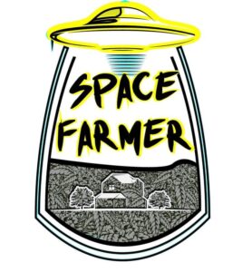 Space Farmer logo: a stylized UFO above a jar containing a house, two trees, and the words 