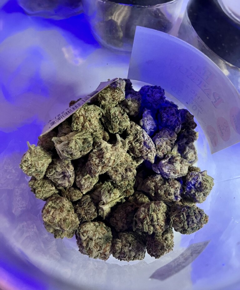Pile of green and purple cannabis buds inside a clear plastic bag.