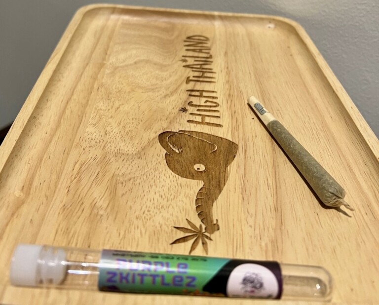 A wooden tray with 