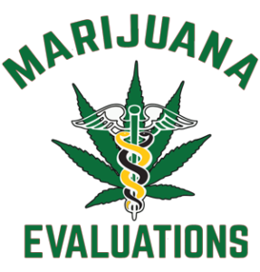 Marijuana Evaluations logo with a marijuana leaf, medical symbol, and text.